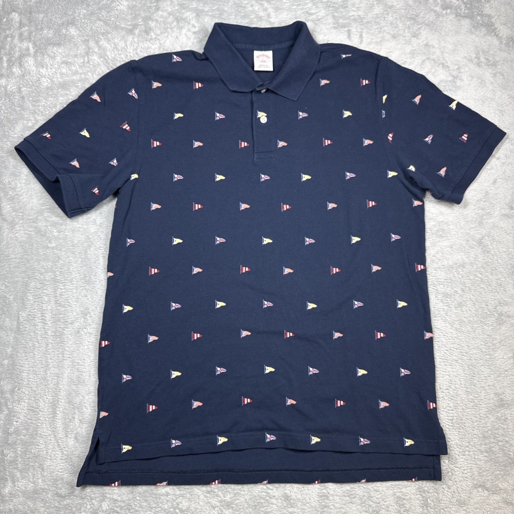 Brooks Brothers Original Fit Polo Shirt Men Large Blue Nautical Flags Sail AOP